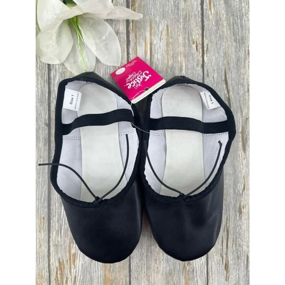 Justice Girls Ballet Shoes Dance Class Leather Sole Adjustable Strap Size 1